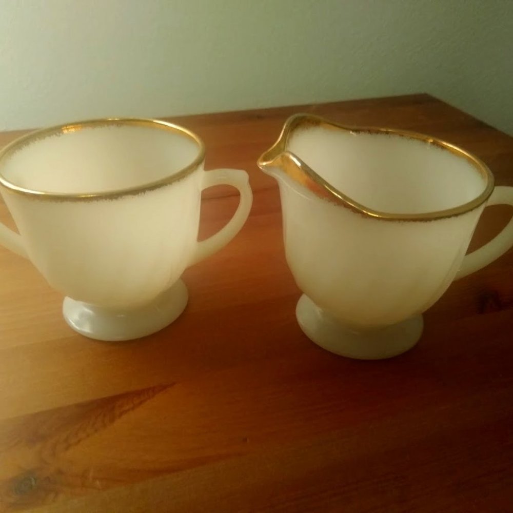 VINTAGE FIRE KING OVEN WARE GOLDEN ANNIVERSARY CREAMER AND SUGAR (1950's)
